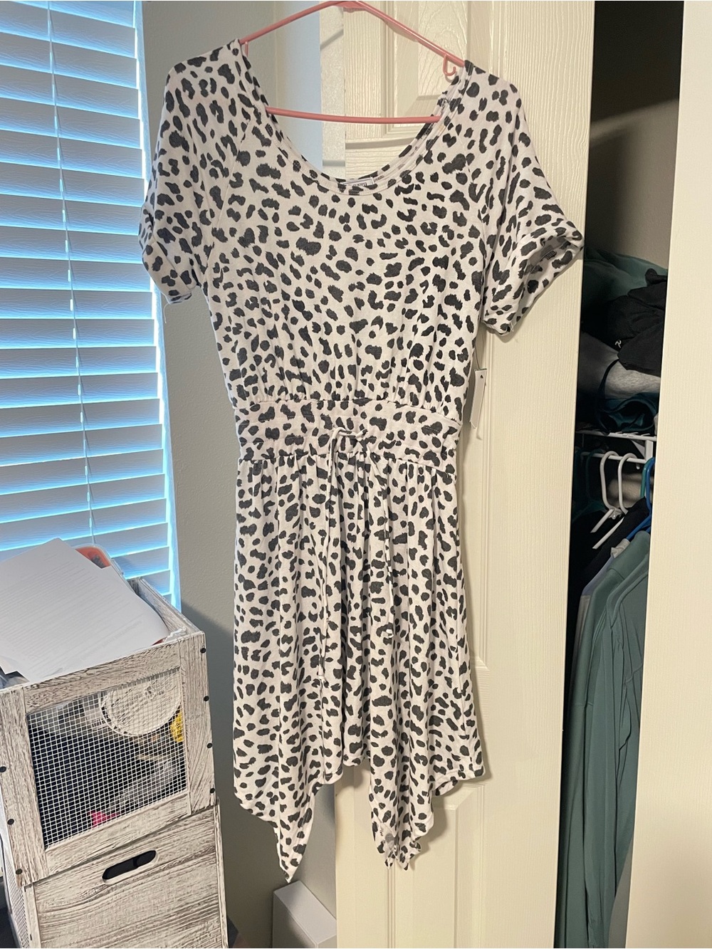 Susina White Dress with Black Spot Print and Handkerchief Hem